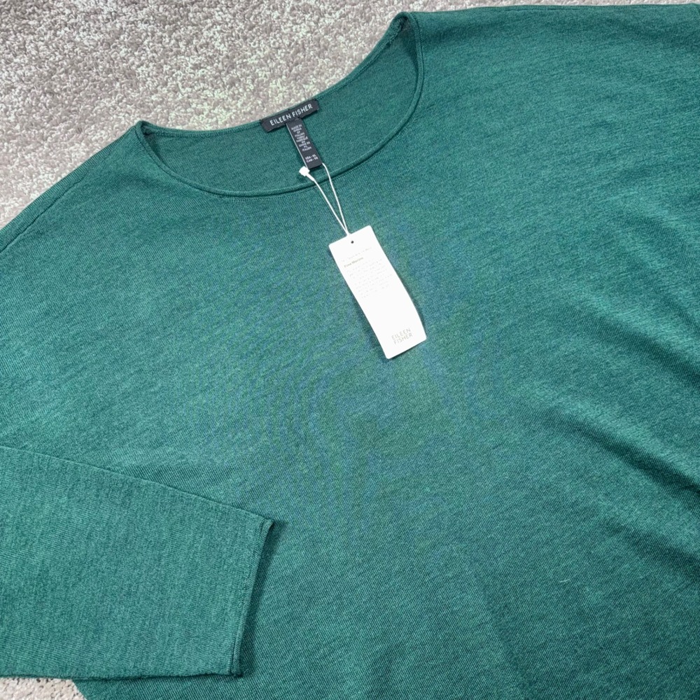 Eileen Fisher Fine Merino Wool Crew Neck Sweater Women Pine Green XL NEW